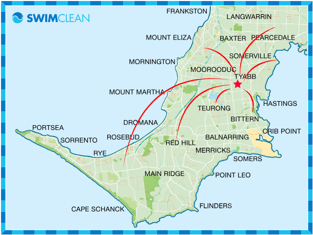 Map of the Mornington Peninsula showing Swim Clean's service area, based in Tyabb